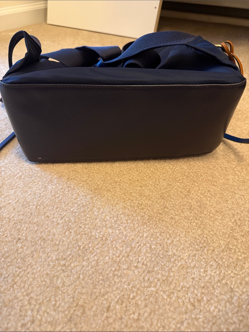 Tory Burch Navy Backpack with Bright Blue Trim and Tan Handle - Picture 4 of 4